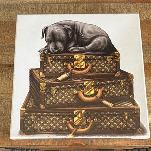 Oliver Gal Pop Art Canvas w/Gray Puppy on top of painted Louis Vuitton luggage